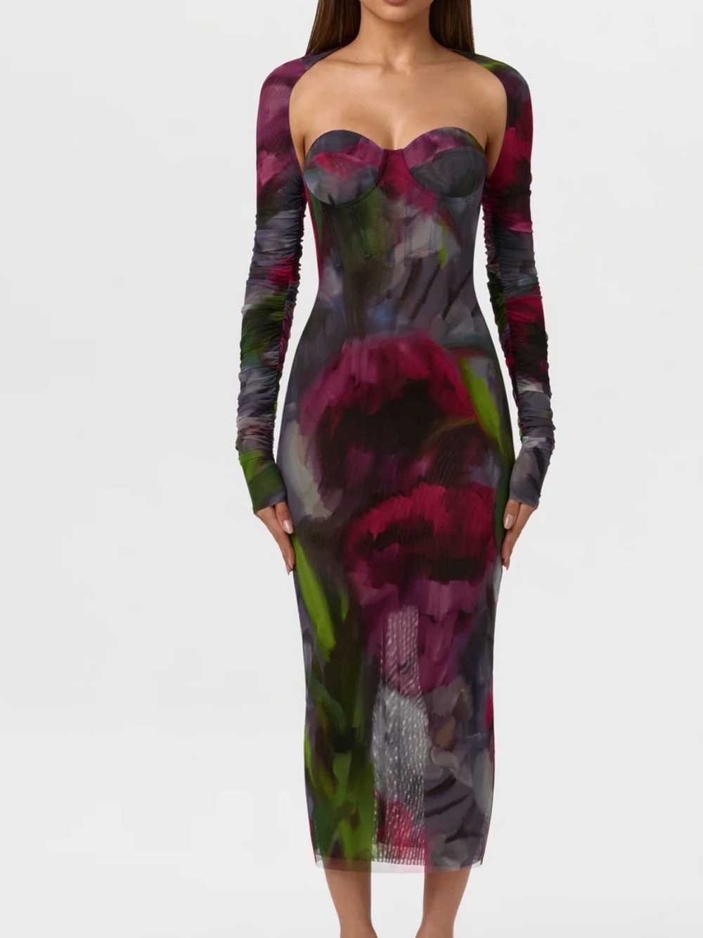 naked wardrobe Purple Multi Floral Mesh Midi Dress